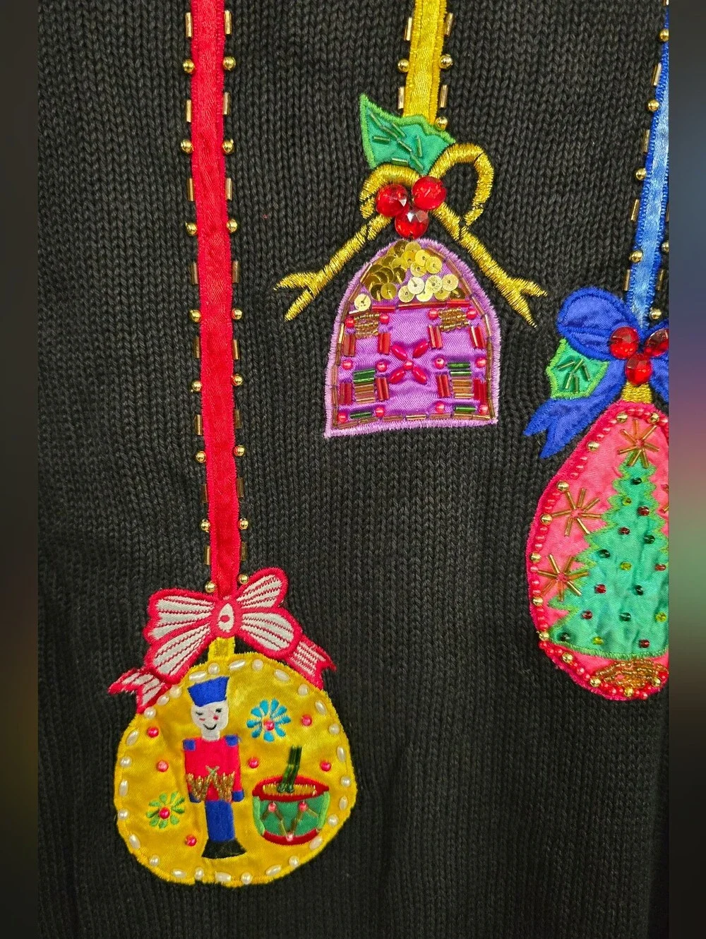 Vntg Womens 1X Holiday Ornament Embroidered And Embellished Sweater
